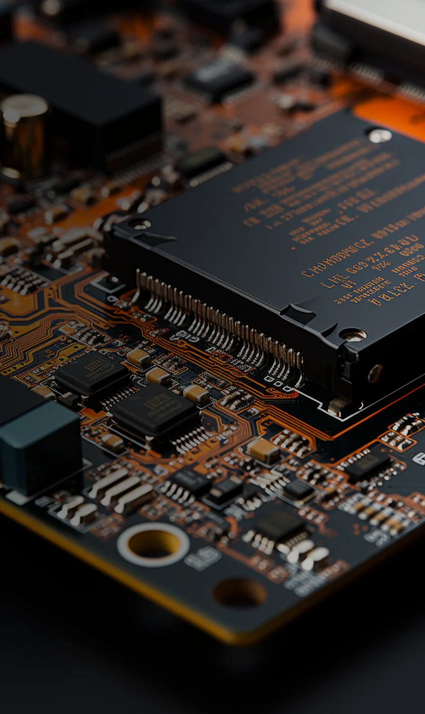 Microelectronic plate with yellow copper roads and transistors.