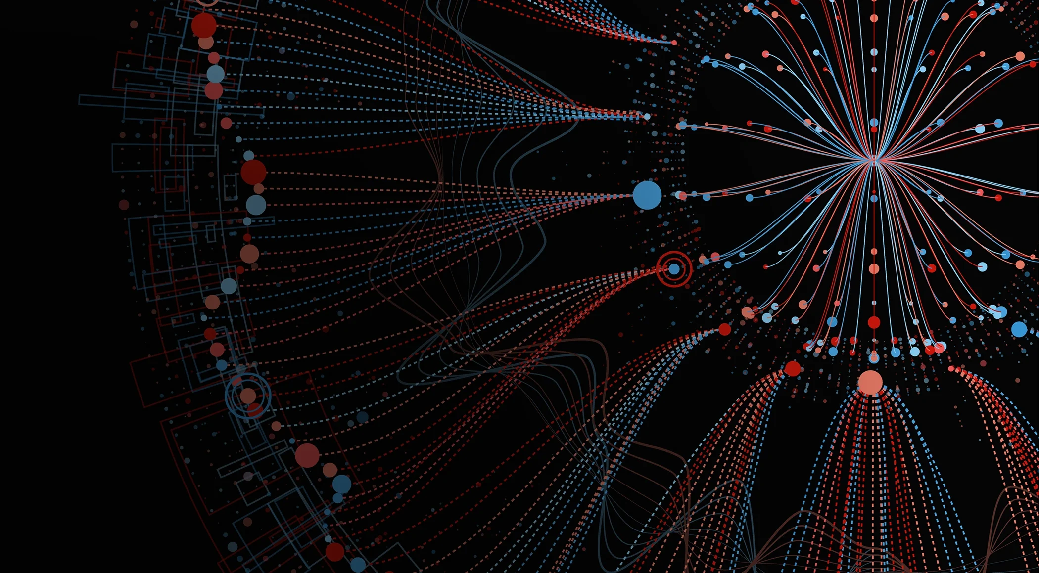 Complex visualisation of big data with colorful interconnected nodes and lines forming a network graph.