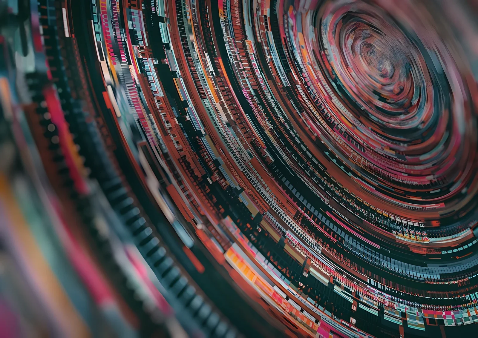 Thw wheel of blockchain technology surrounding by digital connections and futuristic interface.