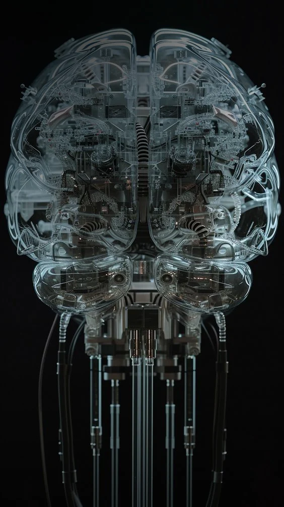 Artificial intelligence brain inder transparent glass coating with digital data streams.