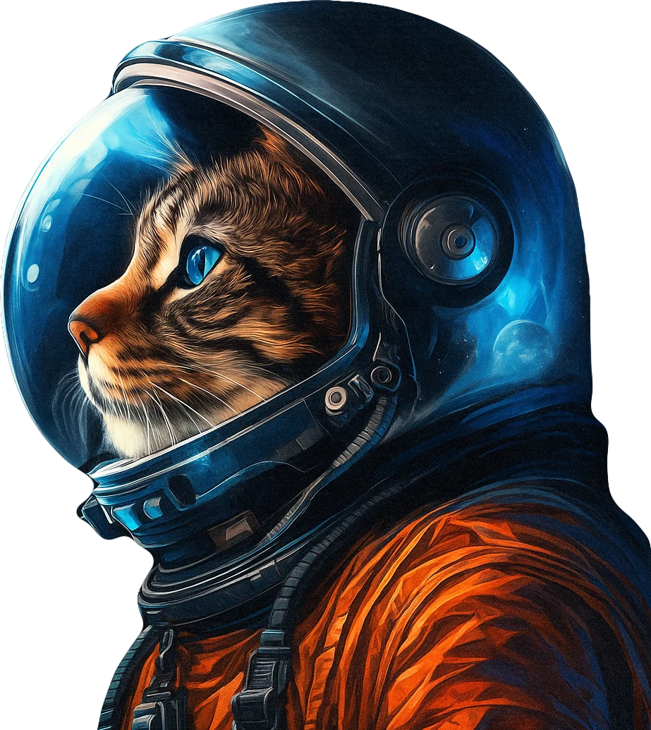 Cosmo-Cat in space suit floating in space with planets and stars in the background.