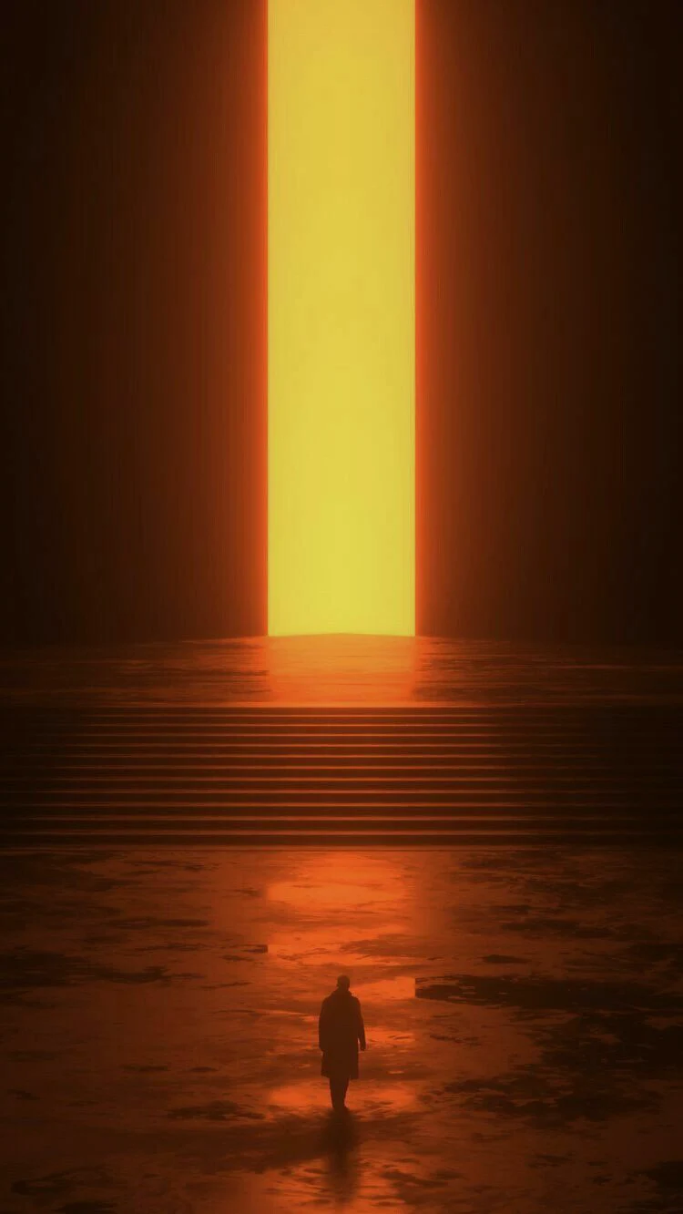 Man going through stairs into sliding wall. Behind door Internal space radiates bright sunlight light. Epic movie scene.