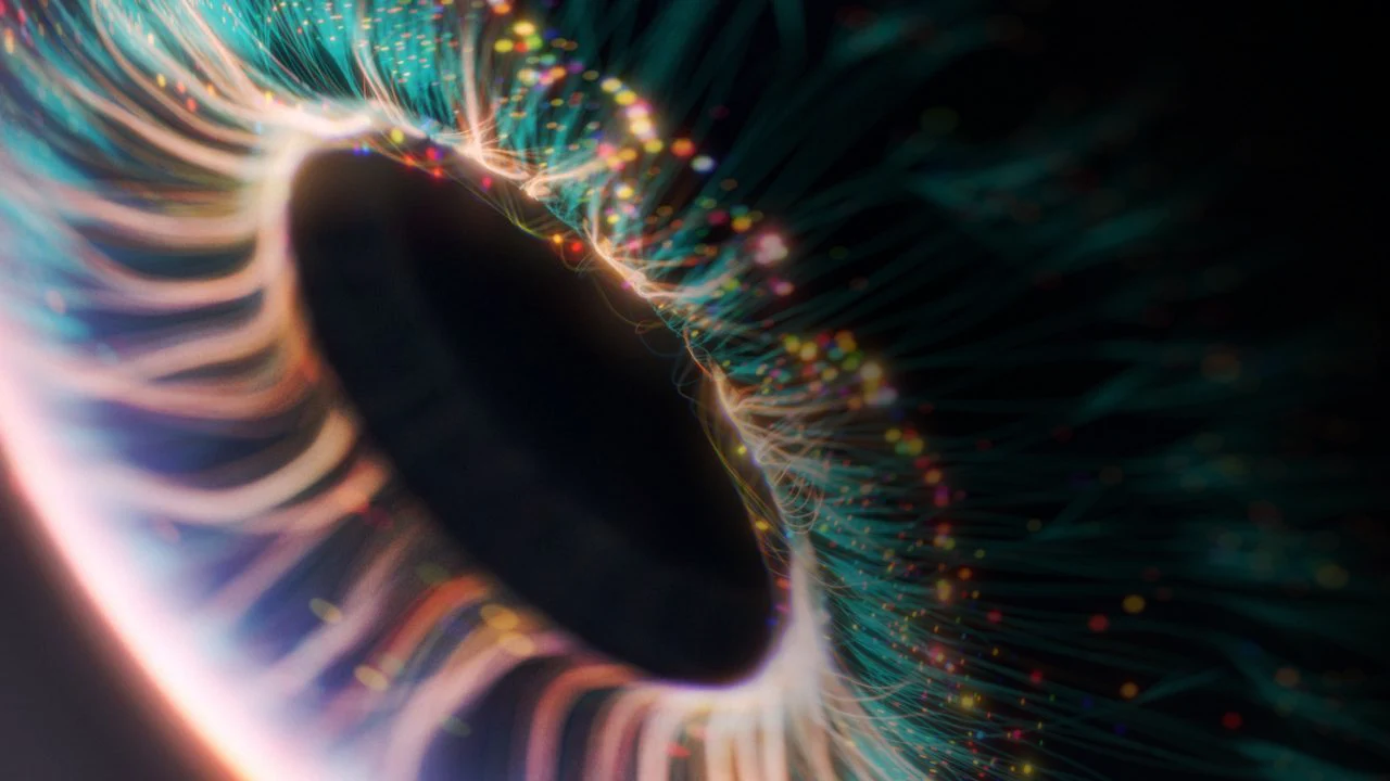 Human eye getting electrons into ming. Lines of vectors and data streams flowing into the pupil.